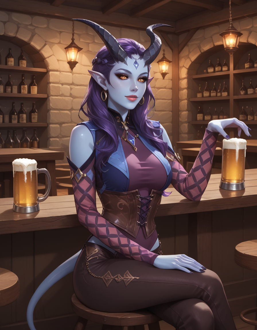 score_9, score_8_up, score_7_up, source_anime,  alfira, alfiraOutfit, 1girl, solo, good_hands, tiefling,  black sclera, yellow eyes, pointy ears, purple hair, beautiful body, beautiful detailed eyes, (blue skin), (dark horns), beautiful face, pretty face, perfect anatomy, demon tail, sitting, pensive, (sitting on chair, at the tavern bar), (fantasy tavern), holding beer, cowboy shot, detailed, <lora:alfiraPony:0.65> ,<lora:pony_good_hands:0.9>, <lora:Concept_Art_Twilight Style_SDXL_LoRA_Pony:0.6>, <lora:light:0.6>, <lora:Realistic000003_1_2.5DAnime_0.05_Merge1:0.2>, <lora:neg4all_bdsqlsz_xl_V91:1>, <lora:Expressive_H:0.25>, <lora:1dkXLP:0.15>,