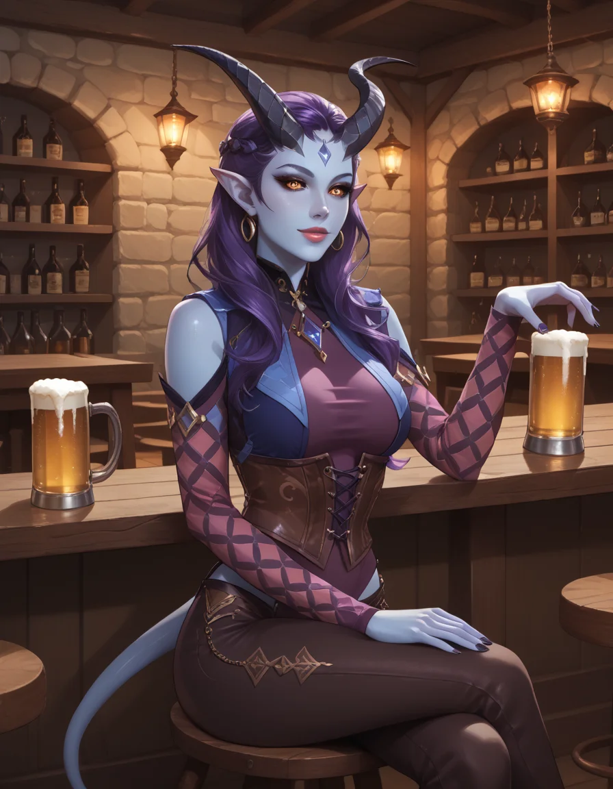 score_9, score_8_up, score_7_up, source_anime, alfira, alfiraOutfit, 1girl, solo, good_hands, tiefling, black sclera, yellow eyes, pointy ears, purple hair, beautiful body, beautiful detailed eyes, (blue skin), (dark horns), beautiful face, pretty face, perfect anatomy, demon tail, sitting, pensive, (sitting on chair, at the tavern bar), (fantasy tavern), holding beer, cowboy shot, detailed, <lora:alfiraPony:0.65> ,<lora:pony_good_hands:0.9>, <lora:Concept_Art_Twilight Style_SDXL_LoRA_Pony:0.6>, <lora:light:0.6>, <lora:Realistic000003_1_2.5DAnime_0.05_Merge1:0.2>, <lora:neg4all_bdsqlsz_xl_V91:1>, <lora:Expressive_H:0.25>, <lora:1dkXLP:0.15>,