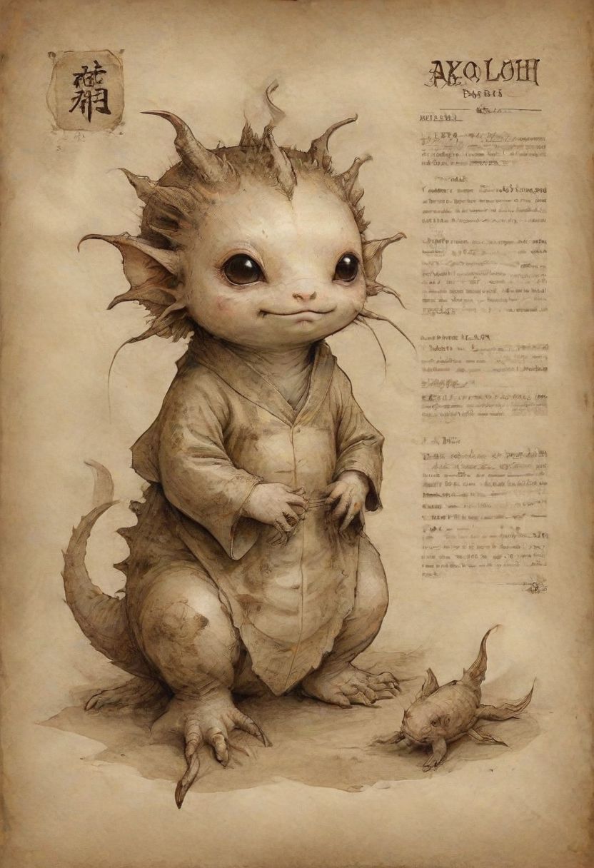 Axolotl geisha, sepia, wanted poster on parchment