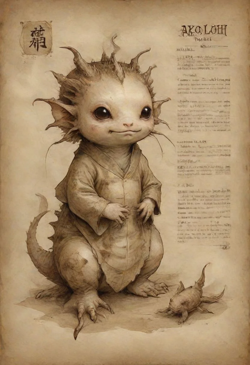 Axolotl geisha, sepia, wanted poster on parchment