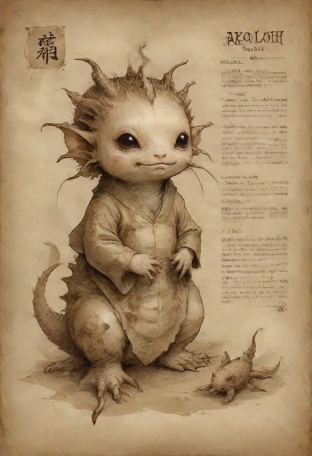 Axolotl geisha, sepia, wanted poster on parchment