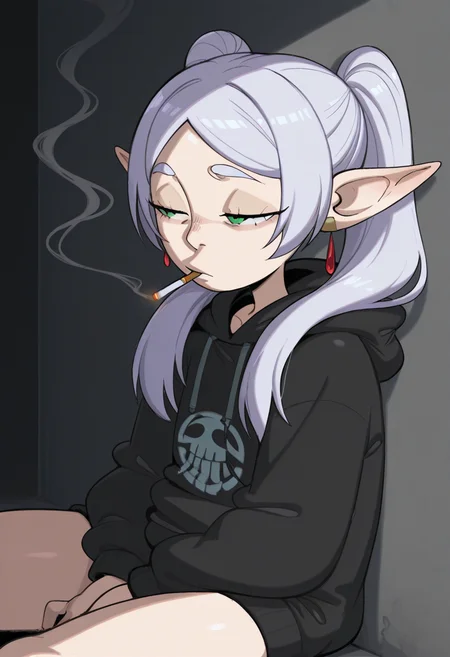 j0j0, masterpiece, best quality, solo, frieren, sousou no frieren, twintails, green eyes, depressed, black hoodie, eyes half closed, smoking a cigarette, sitting against a wall
