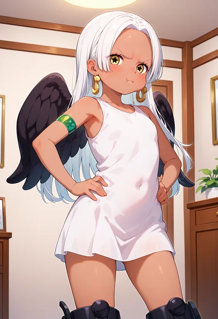 best quality, masterpiece, aass, long hair, white hair, dark-skinned female, earrings, yellow eyes, star-shaped pupils, black wings, white dress, sleeveless, armlet, knee boots, black footwear, <lora:s-snake_ilxl_v1:0.9>, standing, cowboy shot, indoors, room, pout, hands on own hips, looking at viewer,