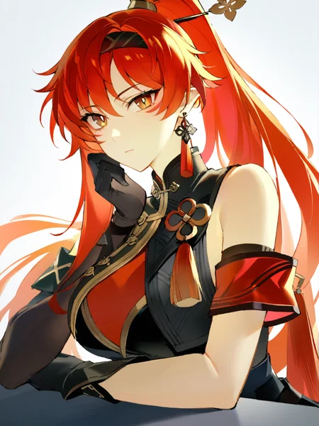 1girl,
yinlin \(wuthering waves\),
solo, red hair, ponytail, chinese clothes, closed mouth, upper body, tassel, brown eyes, bare shoulders, expressionless, hand on own face, white background, elbow gloves, gloves, tassel earrings, single earring, looking at viewer, long hair, black gloves, facial mark, forehead mark, jewelry, head rest, earrings, single glove, hand on own chin, asymmetrical gloves, simple background, armband, sidelocks, forehead,
masterpiece, best quality, safe
<lora:mki-ani3-yinlin-v1:1> <lora:mki-ani31-blackmeow-v1-000120:1>