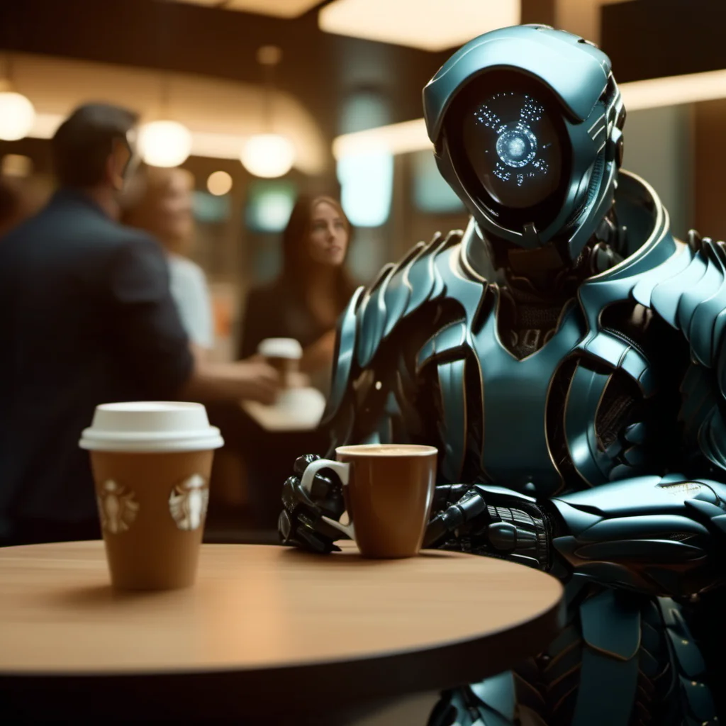 cinematic photo robot, armor, helmet, serves coffee in starbuck, <lora:LIS-V3:0.8> . 35mm photograph, film, bokeh, professional, 4k, highly detailed