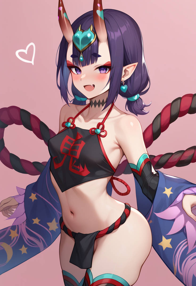 score_9,score_8_up,score_7_up,<lora:dudou:1>,dudou, shuten douji (fate), 1girl, horns, purple hair, chinese clothes, purple eyes, navel, heart, breasts, oni, bare shoulders, eyeliner, makeup, pointy ears, forehead jewel, blush, open mouth, skin-covered horns, detached sleeves, smile, looking at viewer, fundoshi, solo, small breasts, earrings, short hair, rope, collarbone, jewelry, headpiece, choker, short twintails, thighhighs, thighs, low twintails, fang, japanese clothes, twintails, pink background, black thighhighs, multicolored hair