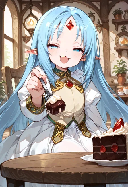 masterpiece, best quality, good quality, very awa, very aesthetic, absurdres, newest, high resolution,high quality,detailed,cute details, gr4ph1t3, beautiful eyes, perfect eyes, detailed eyes, 1girl, solo, reset_kalar_il ,pointy ears,blue hair,long hair,red gem forehead, cute dress, cowboy shot, sitting, cute, looking at viewer, half closed eyes, very smug expression, :3, very cute, feeding, food, open mouth, incoming food, looking at viewer closeup, table, chair, large cake, indoors, fantasy cafe, fantasy
