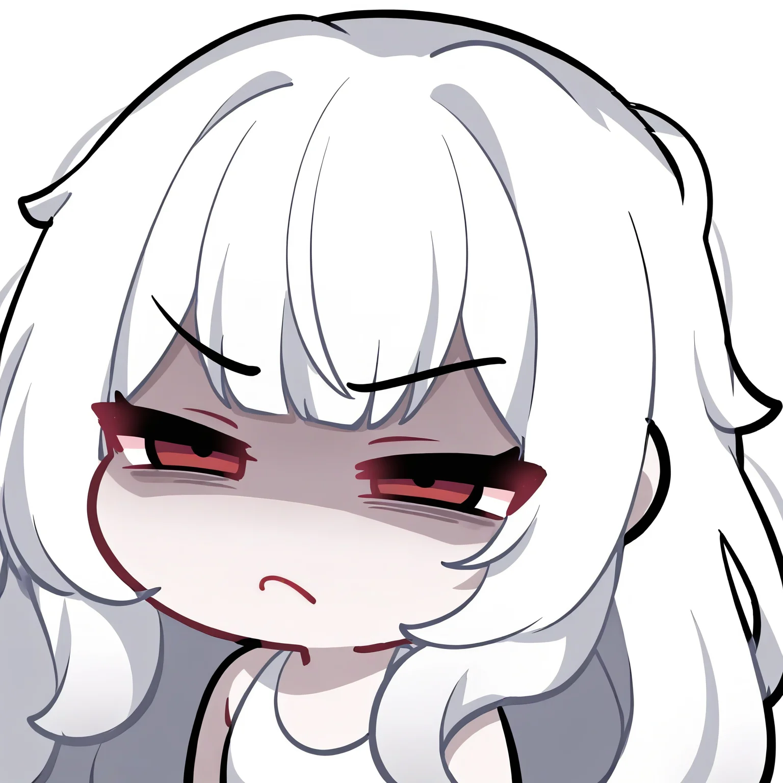 <lora:EmoteStyleSDXL:1>, best quality, masterpiece, emote, chibi, 1girl, red eyes, white hair, messy hair, bangs, narrowed eyes, annoyed, white tank top, pale skin white background