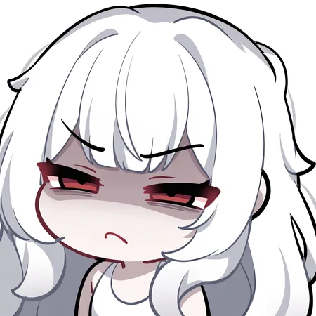 <lora:EmoteStyleSDXL:1>, best quality, masterpiece, emote, chibi, 1girl, red eyes, white hair, messy hair, bangs, narrowed eyes, annoyed, white tank top, pale skin white background