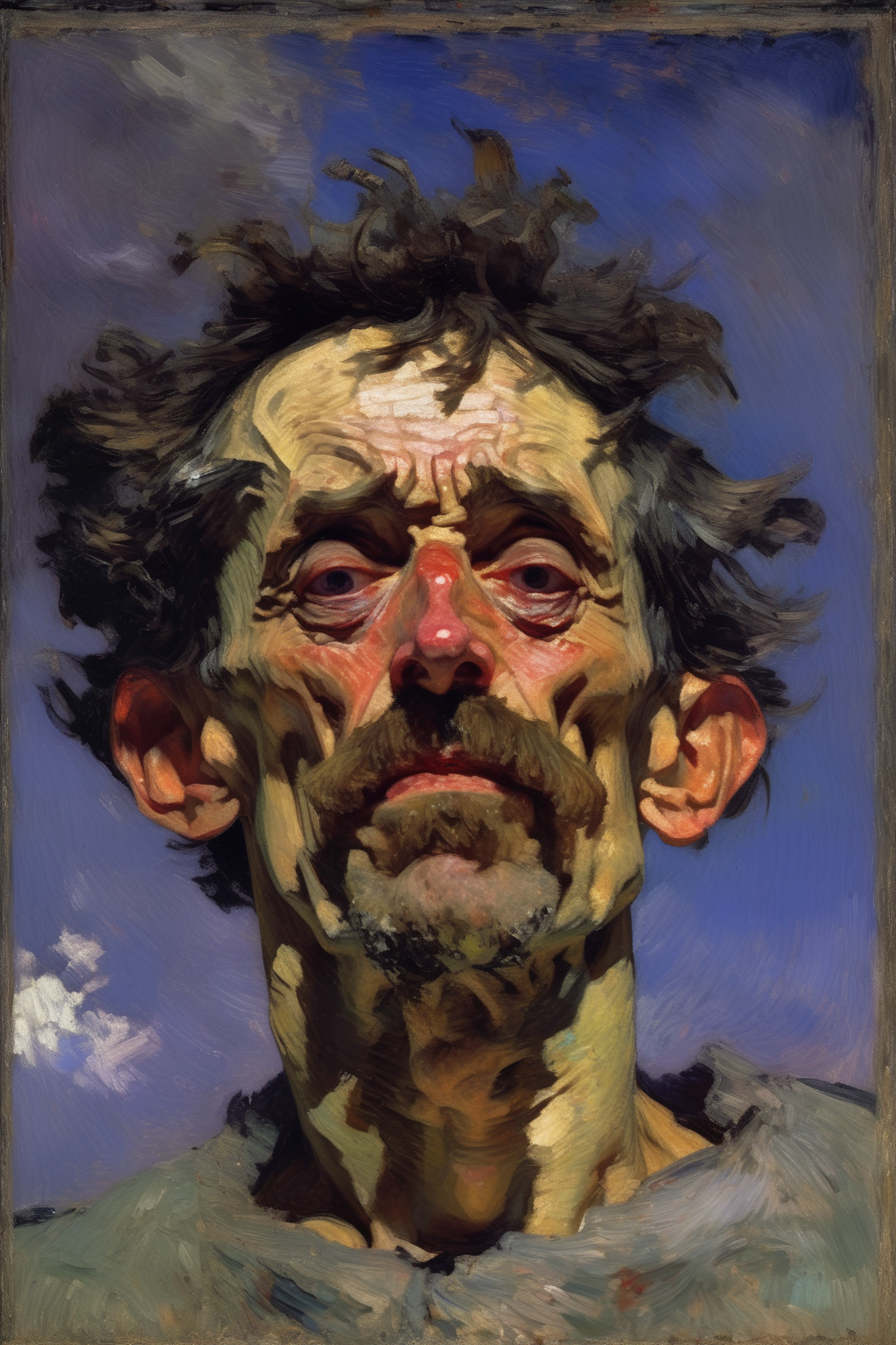 <lora:Mikhail Vrubel Style:1>Mikhail Vrubel Style - portrait of a criminally insane man with extremly exaggerated facial features and imperfections, looking down and lit by sky, in front of a dreary backdrop, painted by Ilya Repin with thick impasto pallete knife technique, sharp 8k resolution