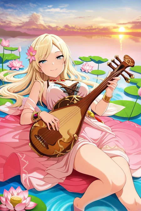 masterpiece, best quality, amazing quality,
<lora:Fumi_IL:1> fumi, 1girl, flower, instrument, solo, blonde hair, long hair, hair ornament, hair flower, barefoot, smile, blue eyes, lying, looking at viewer, outdoors, sky, pink flower, on back, jewelry, lute (instrument), breasts, lotus, cloud, bracelet, holding, sunset