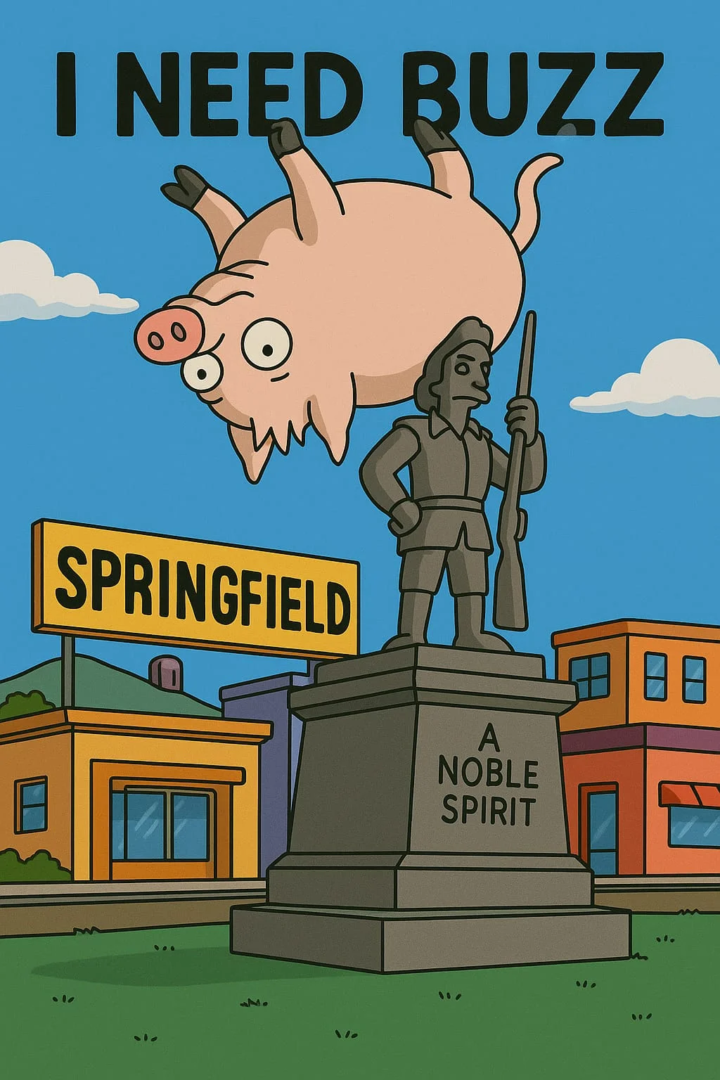 *(Spider-Pig) climbing the (Jebediah Springfield statue), funny cartoon style, (The Simpsons background), (Springfield city square), (blue sky with some clouds), (bold text "I NEED BUZZ" above), vibrant colors, clean line art, smooth shading, high contrast, detailed background, dynamic composition, centered focus on (Spider-Pig), humor, playful atmosphere*