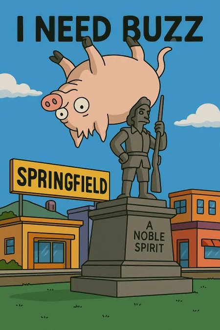 *(Spider-Pig) climbing the (Jebediah Springfield statue), funny cartoon style, (The Simpsons background), (Springfield city square), (blue sky with some clouds), (bold text "I NEED BUZZ" above), vibrant colors, clean line art, smooth shading, high contrast, detailed background, dynamic composition, centered focus on (Spider-Pig), humor, playful atmosphere*