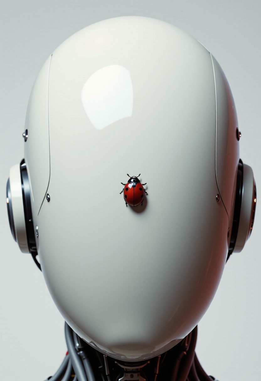 Minimalist oil-painted head closeup of a faceless android, ajpasbot. The smooth dome is cold, pale gray, almost white—blank, except for one simple, stark image: a single red ladybug, painted flat and small, sitting low and off-center, under a fading gray wash.
The background is muted: chalky textures, soft shadows like dusk. The ladybug is the only color—bright crimson, matte black spots—but even its red seems dulled by silence. No golden lines. No flourishes. Just isolation.
There are no vines, no curls, no patterns—just negative space. The oil strokes are wide and sparse, like a fading memory or a sigh. The insect casts a long, lonely shadow across the dome’s curve. It looks like it's trying to escape—but remains motionless.
This is not a celebration. It's a meditation on absence, the weight of stillness, and the loneliness of being decorated when there is no one left to look.