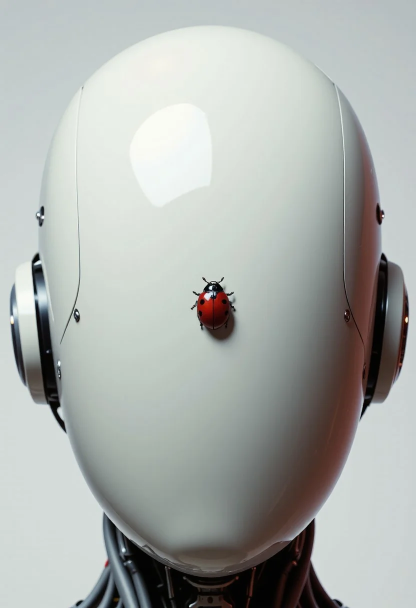 Minimalist oil-painted head closeup of a faceless android, ajpasbot. The smooth dome is cold, pale gray, almost white—blank, except for one simple, stark image: a single red ladybug, painted flat and small, sitting low and off-center, under a fading gray wash.
The background is muted: chalky textures, soft shadows like dusk. The ladybug is the only color—bright crimson, matte black spots—but even its red seems dulled by silence. No golden lines. No flourishes. Just isolation.
There are no vines, no curls, no patterns—just negative space. The oil strokes are wide and sparse, like a fading memory or a sigh. The insect casts a long, lonely shadow across the dome’s curve. It looks like it's trying to escape—but remains motionless.
This is not a celebration. It's a meditation on absence, the weight of stillness, and the loneliness of being decorated when there is no one left to look.