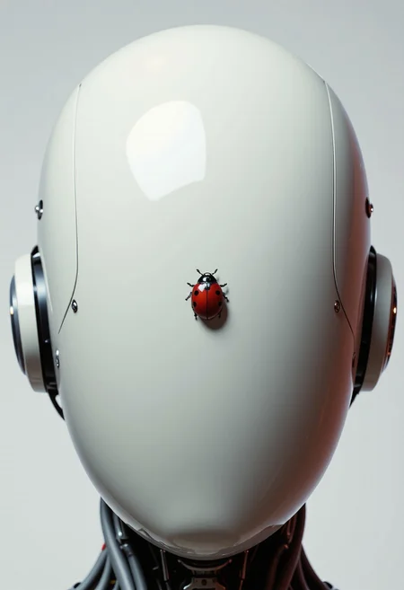 Minimalist oil-painted head closeup of a faceless android, ajpasbot. The smooth dome is cold, pale gray, almost whiteâblank, except for one simple, stark image: a single red ladybug, painted flat and small, sitting low and off-center, under a fading gray wash.
The background is muted: chalky textures, soft shadows like dusk. The ladybug is the only colorâbright crimson, matte black spotsâbut even its red seems dulled by silence. No golden lines. No flourishes. Just isolation.
There are no vines, no curls, no patternsâjust negative space. The oil strokes are wide and sparse, like a fading memory or a sigh. The insect casts a long, lonely shadow across the domeâs curve. It looks like it's trying to escapeâbut remains motionless.
This is not a celebration. It's a meditation on absence, the weight of stillness, and the loneliness of being decorated when there is no one left to look.