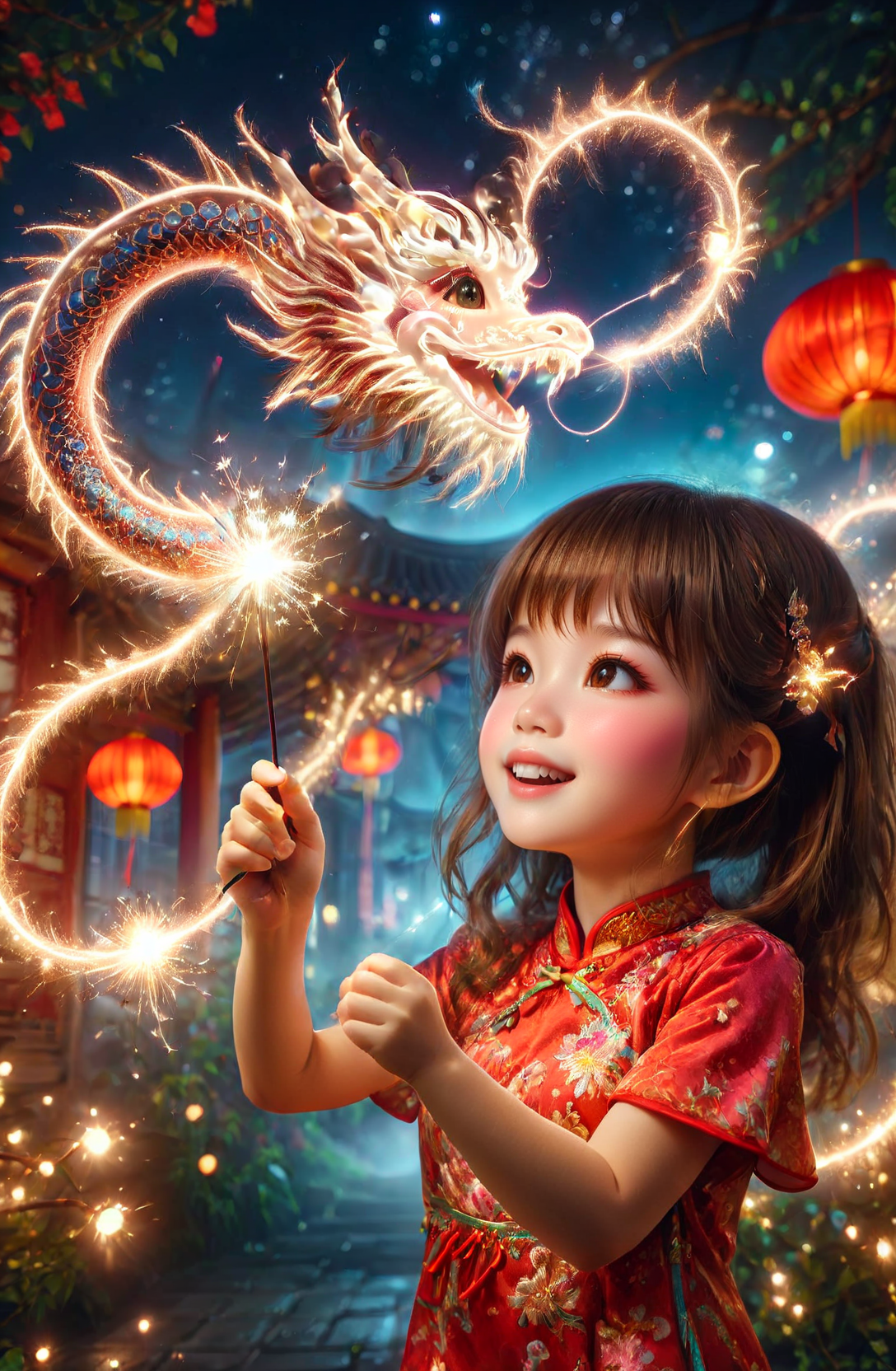 amazing quality, masterpiece, best quality, hyper detailed, ultra detailed, UHD, DOF, depth of field, HDR, perfect anatomy
solo, cute, kawaii, brown hair, joyfully plays with fairy wand, waving it in the air, red lantern, wearing red cheongsam, milky way,
a small cfc-spark-dragon above the fairy wand, translucent, dazzling, shine, sparking, trajectory of sparks,
<lora:cfc-spark-dragon-000006:0.75>, 
<lora:ral-lnrnwyr-sdxl:0.5>, ral-lnrnwyr,
<lora:add-detail-xl:0.75>,
<lora:extremely_detailed:0.75>, extremely detailed,
<lora:EnvyBetterHiresFixXL01:1.0>, 
<lora:DonM3t3rn1tyXL-v1.1-000008:0.7>, DonM3t3rn1tyXL,
<lora:zavy-chnsdrgn-sdxl:0.5>, zavy-chnsdrgn,
 SK_Fantasy,