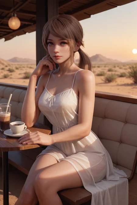 <lora:doa_amy:0.9> amy, sheer sundress, sunset, desert, cafe, sitting, score_9, score_8_up, score_7_up, zPDXL3