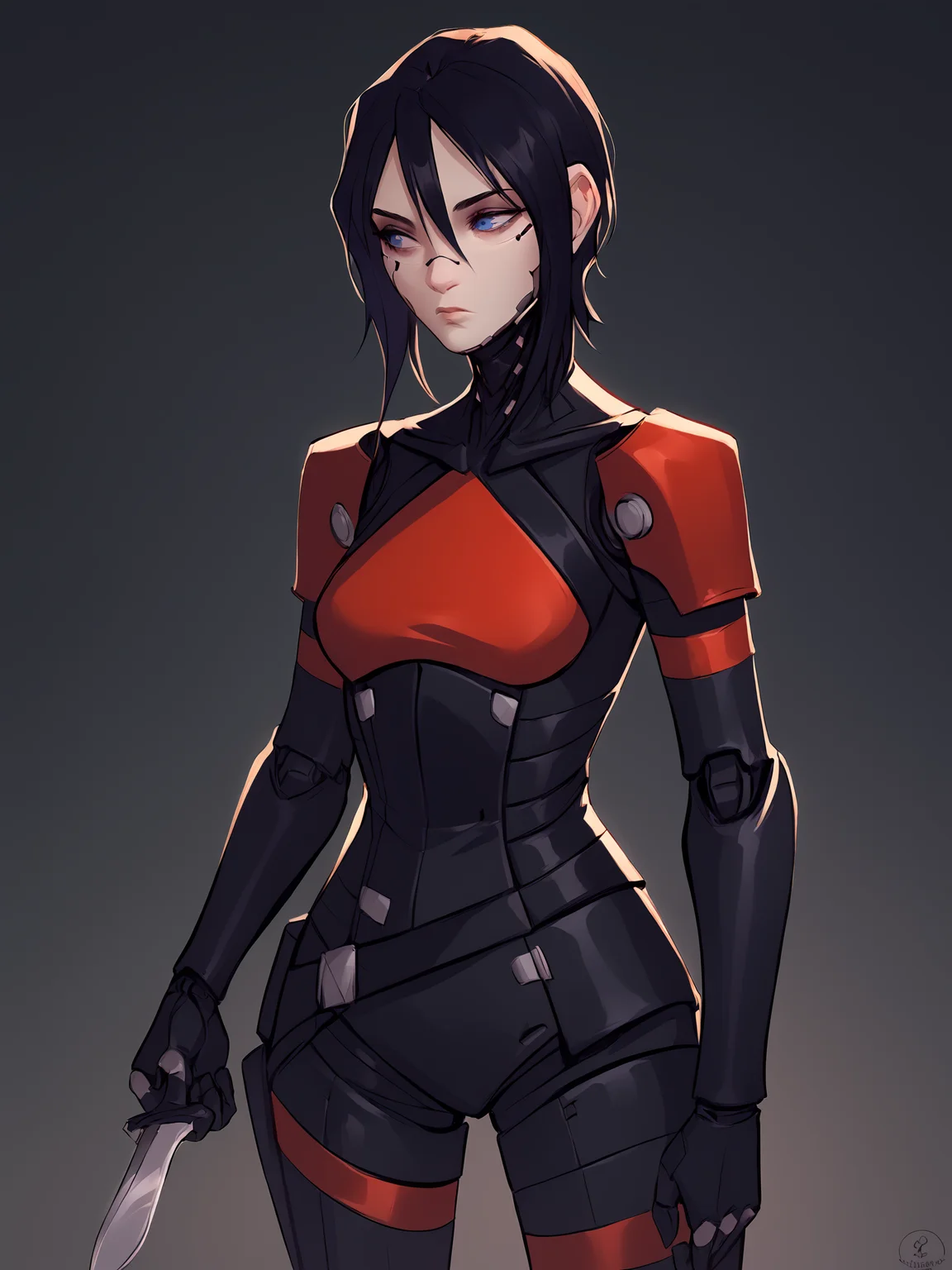 score_9, score_8_up, score_7_up, score_6_up, score_5_up, score_4_up, rating_safe
BREAK
elster, cyborg, black hair, blue eyes, expressionless, looking away, hair between eyes,
BREAK
solo, cowboy shot, skinny, black bodysuit, red accents, medium breasts, holding knife,
BREAK
black background, <lora:Lunas-Elster-Signalis-SDXL-A1:1> <lora:Lunas-NatTheLich-SDXL-C2:1>
