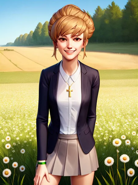 PonyXLV6_Scores, blue sky, field, goldenrods, wildflowers, plains, treeline, 1girl, solo, facing front, looking at viewer, standing, contrapposto, hand on thigh, hand behind back, legs apart, cowboy shot, smile, <lora:kateLIS_PDXL:1> katelis, petite female, light brown hair, hazel eyes, white blouse, black blazer, grey skirt, green bracelet, cross necklace,