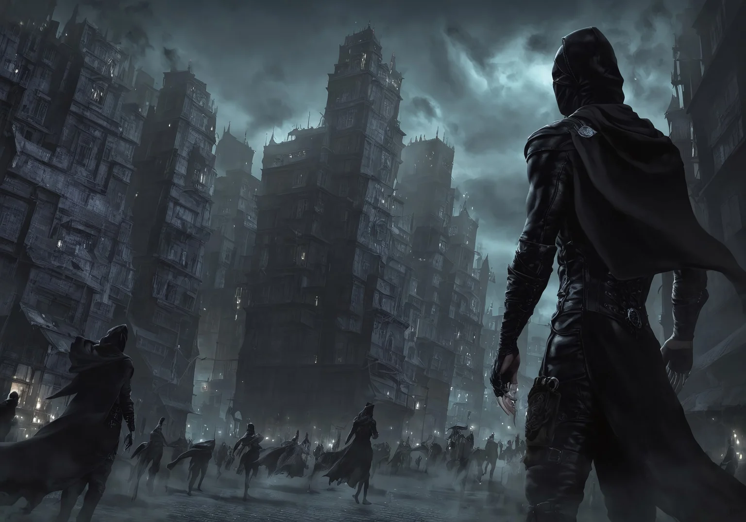 Masterpiece, best quality, extremely detailed, thiefConcept, masked hooded thief crouch walking across rooftop, city and people in background, thief wearing leather outfit, holding beautiful diamond amulet, night, city lights, charter focused,