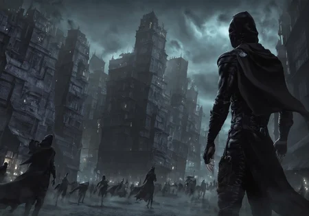 Masterpiece, best quality, extremely detailed, thiefConcept, masked hooded thief crouch walking across rooftop, city and people in background, thief wearing leather outfit, holding beautiful diamond amulet, night, city lights, charter focused,