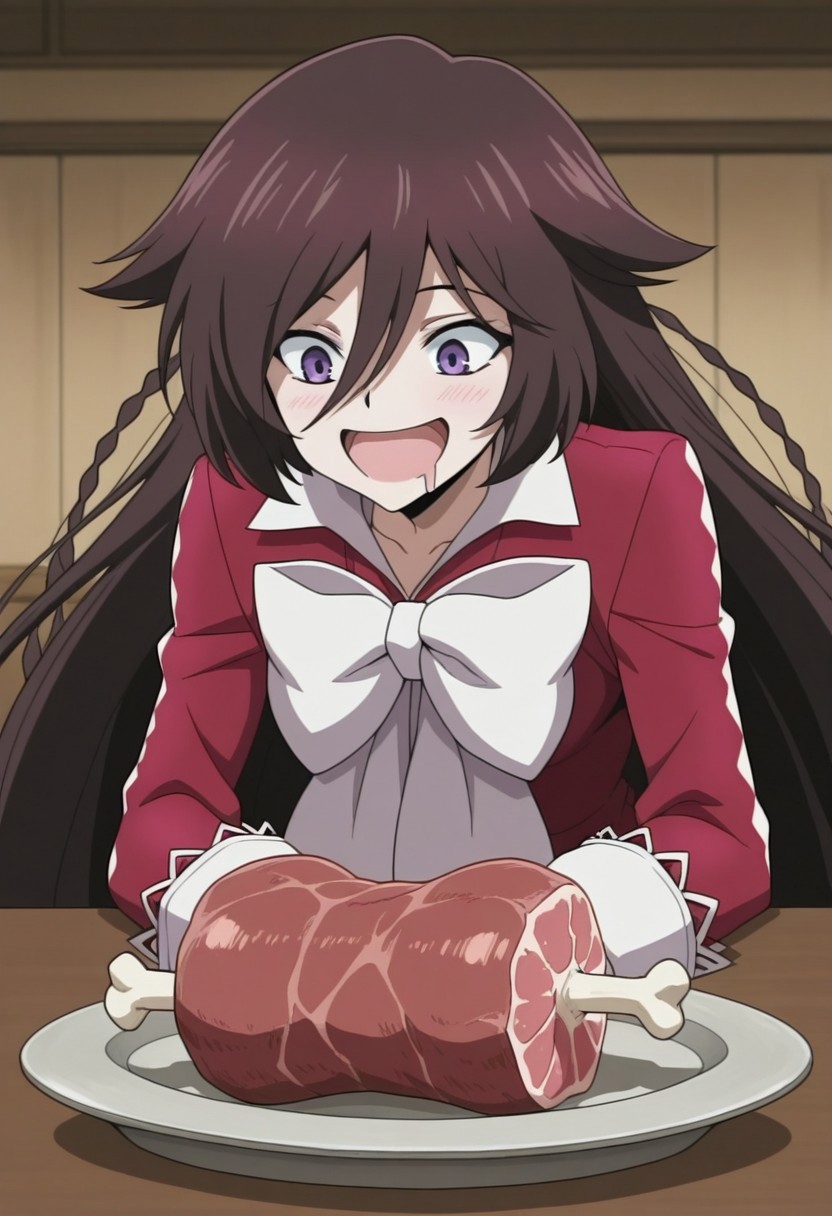 masterpiece,best quality,amazing quality, source_anime, 
PHalic, 1girl, solo, purple eyes, brown hair, very long hair, braid, dress, red dress, bow, white bow, table, meat, drooling, happy, indoor,