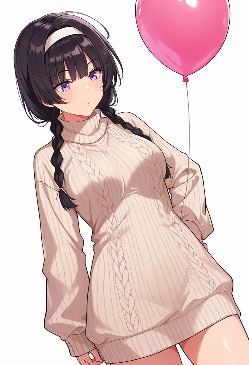 Smooth Quality,masterpiece,very intricate, high quality details, ultra realistic, high detailed skin,detailed enviorement,absurdres,
 <lora:Suzune_Kagami_CNR:0.8> susune_cnr,black hair, long hair, twin braids,purple eyes, medium breasts,white hairband,, simple background, white background, dynamic angle,solo,
standing with weight shifted, one hip cocked, arms hanging relaxed  ,, :>=,, turtleneck sweater, ,oversized sweater, ,balloon skirt,  ,