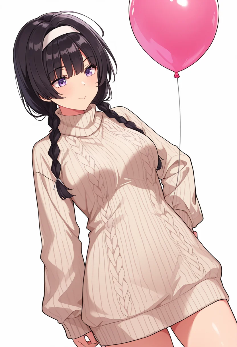 Smooth Quality,masterpiece,very intricate, high quality details, ultra realistic, high detailed skin,detailed enviorement,absurdres,
<lora:Suzune_Kagami_CNR:0.8> susune_cnr,black hair, long hair, twin braids,purple eyes, medium breasts,white hairband,, simple background, white background, dynamic angle,solo,
standing with weight shifted, one hip cocked, arms hanging relaxed ,, :>=,, turtleneck sweater, ,oversized sweater, ,balloon skirt, ,