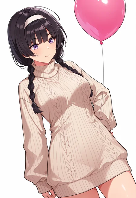 Smooth Quality,masterpiece,very intricate, high quality details, ultra realistic, high detailed skin,detailed enviorement,absurdres,
 <lora:Suzune_Kagami_CNR:0.8> susune_cnr,black hair, long hair, twin braids,purple eyes, medium breasts,white hairband,, simple background, white background, dynamic angle,solo,
standing with weight shifted, one hip cocked, arms hanging relaxed  ,, :>=,, turtleneck sweater, ,oversized sweater, ,balloon skirt,  ,