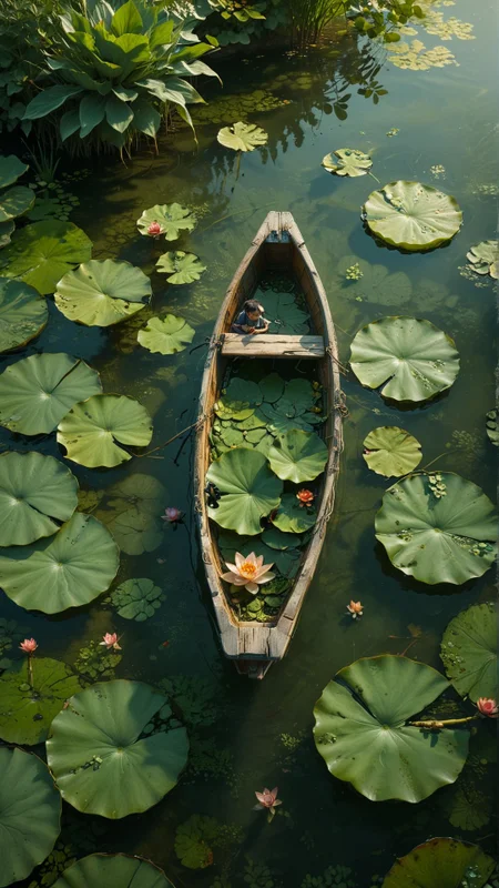 Tatsuro, top view, a small wooden boat floating in the pond, with lotus leaves and a few small fish swimming in the pond. A little boy is lying on the small wooden boat, with their back to us, It has a fresh and peaceful atmosphere, Graphic illustration 
award winning artwork,
many details, extreme detailed, full of details,
Wide range of colors., Dramatic,Dynamic,Cinematic,Sharp details
Insane quality. Insane resolution. Insane details. Masterpiece. 32k resolution.
 <lora:add-detail-xl:0.65> <lora:casting shadow style v2:0.1> casting shadow style, cucoloris patterned illumination <lora:CinematicStyle_v1:0.1> <lora:Disturbia:0.15> <lora:dvr-lnds-sdxl:0.1> dvr-lnds-sdxl <lora:MJ52:0.2> <lora:princess_xl_v2:0.1>  <lora:ral-dissolve:0.1> ral-dissolve <lora:ral-ertmsphr:0.1> ral-ertmsphr  <lora:ral-porcelain:0.3> ral-porcelain <lora:ral-pxlprtcl:0.31> ral-pxlprtcl  <lora:xl_more_art-full_v1:0.5>