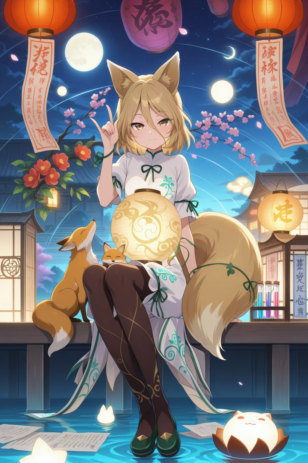 absurdres, highres, masterpiece, best quality, amazing quality, official anime artwork, screencap, anime screencap, looking at viewer, light smile,
 <lora:Tsukasa-Kudamaki_Illustrious:1> kudamaki tsukasa, 1girl, solo, brown eyes, blonde hair, short hair, fox ears, fox tail,, white romper, green ribbon, puffy short sleeves, test tube, 
index finger raised, pointing, sitting, cloud, crescent moon, east asian architecture, fox, lantern,  moonlight, night, night sky, outdoors, paper lantern, star \(sky\), starry sky, water,