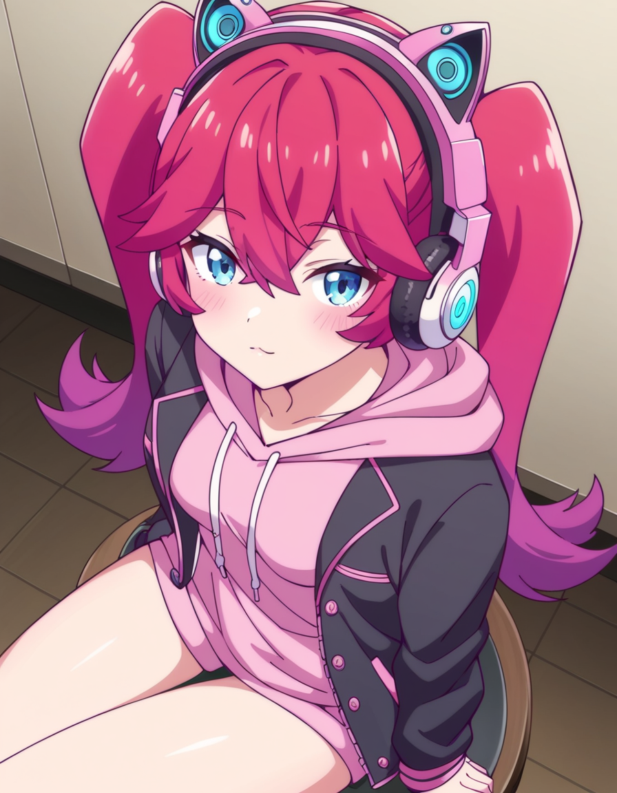 score_9, score_8_up, score_7_up, source_anime, uncensored, <lora:StS_detail_slider_v1:3>, zPDXLxxx, <lora:Amelia_Irving_PONYXL_VexVexX:1>, AmeliaIrving, blue eyes, red hair, long hair, twintails, bangs, hair between eyes, small breasts, hoodie, pink hoodie, jacket, open jacket, black jacket, headphones, animal ear headphones, cat ear headphones, cowboy shot, bedroom, from above, Sitting on the edge of a stool with legs together and slightly bent, leaning forward with elbows on knees and hands clasped together, thighs, looking at viewer