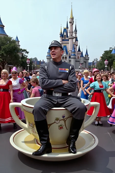 An imperial officer, his rigid posture completely at odds with his surroundings, is awkwardly seated in a giant teacup from the "Mad Tea Party" ride at Disneyland. His arms are crossed, his expression unreadable beneath his cap, as the teacup spins wildly. Brightly dressed parade performers and cheerful Disney characters dance around him, their vibrant costumes clashing with his cold, monochrome uniform. In the background, Cinderellaâs castle stands tall, its whimsical charm a stark contrast to the stern presence of the Empire.<lora:IMPOFF_FLUX>