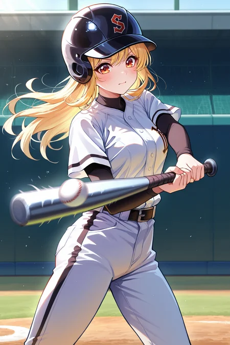 masterpiece, best quality, absurdres, safe
1girl, swinging baseball bat, baseball helmet, 
<lora:hitting_ball_il_3_v2_d16_final:1>