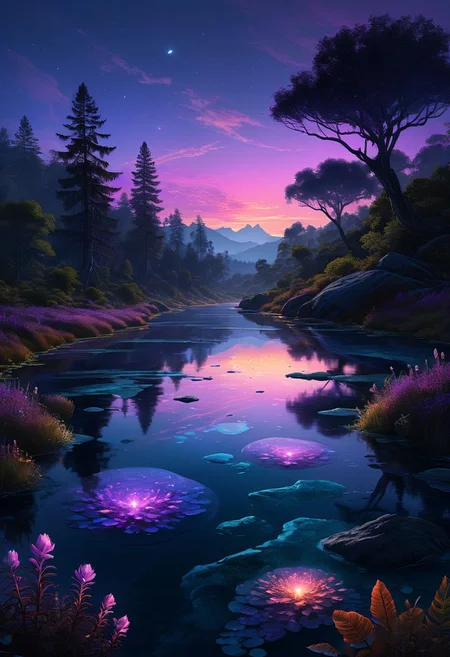 Generate an enchanting and surreal depiction of a world locked in perpetual twilight. Picture a captivating landscape where the boundaries between day and night blur into an everlasting twilight. The sky should be a mesmerizing blend of deep blues and soft purples, with a faint, ethereal glow on the horizon. Show a mystical terrain, featuring delicate, bioluminescent flora and fauna that illuminate the landscape with gentle, otherworldly radiance. Add a crystal-clear river meandering through the forest, reflecting the twilight colors. Focus on intricate details and realism to create an image that transports viewers to this captivating twilight realm. Ultra-high resolution, 8k, vibrant colors.
