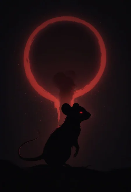 score_9,score_8_up,score_7_up,score_6_up,score_5_up,score_4_up, (((red))), backlight colors, (silhouette:2), backlighting, glowing red eyes, twinkling night sky, starry, bright colors, high contrast, vivid lighting, (((mouse))), (solo), (solo:2), furry, (feral), close view, (fire on background), (blood moon), standing pose