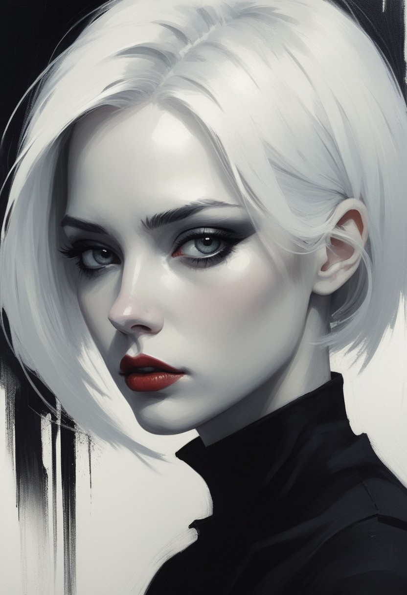 minimalist illustration, dark dystopian future, one woman, misery incarnate, white hair, seductive, charming woman, charmful looking, captivating, minimalist, slender frame, detailed, headshot, painterly , style of malcolm liepke