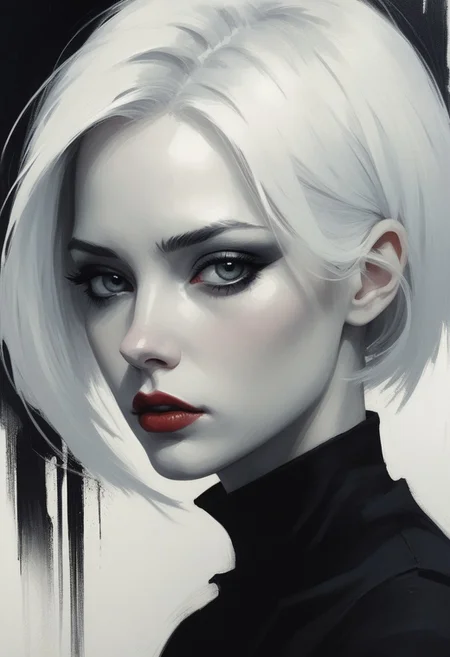 minimalist illustration, dark dystopian future, one woman, misery incarnate, white hair, seductive, charming woman, charmful looking, captivating, minimalist, slender frame, detailed, headshot, painterly , style of malcolm liepke