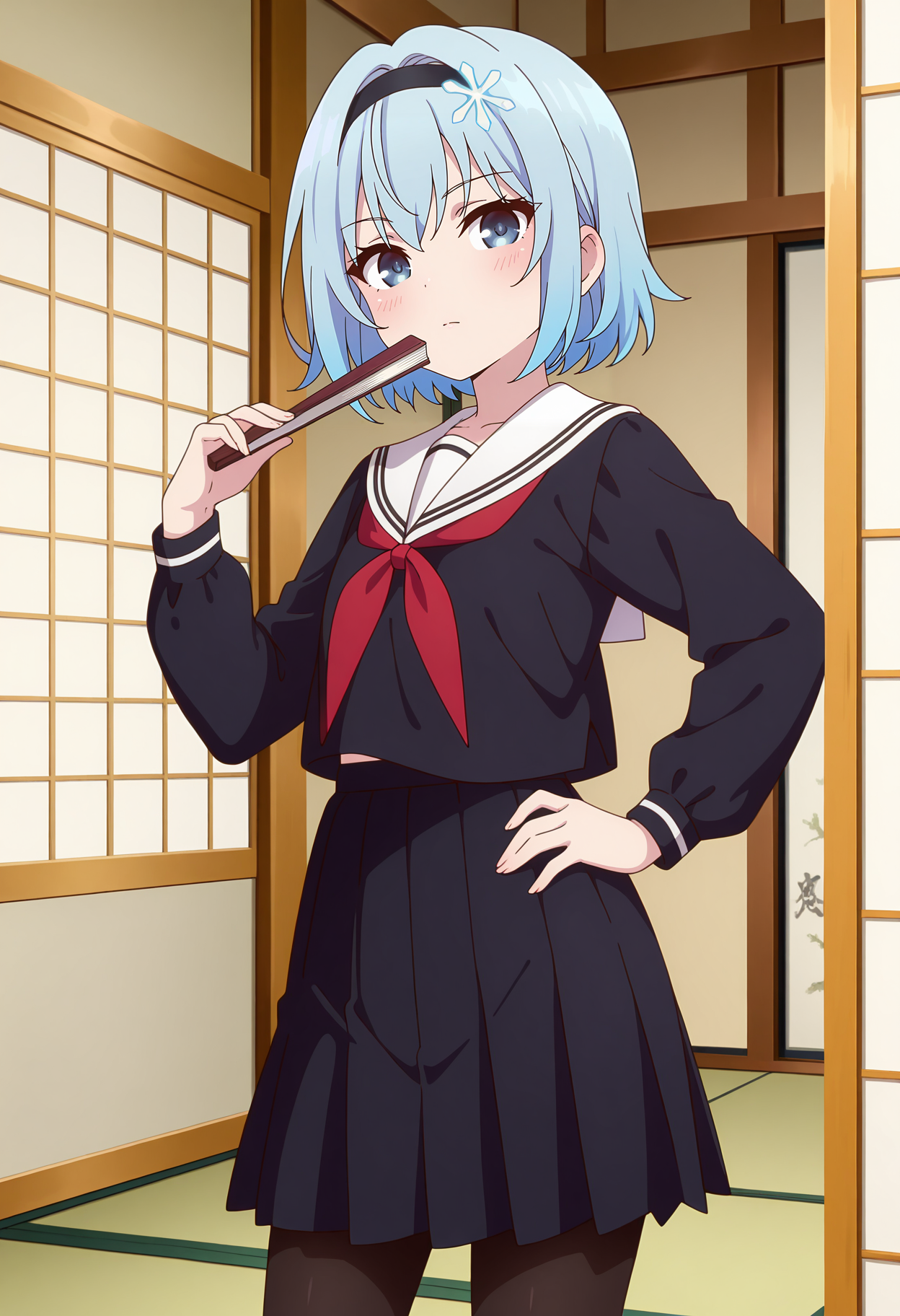 anime screencap, masterpiece, best quality,
<lora:RyuuouNoOshigoto!_SoraGinko_IlluXL:0.9>,
1girl, solo, closed mouth, blush,
short hair, light blue hair, blue eyes, black hairband, snowflake hair ornament,
GinkoSerafuku, white sailor collar, black shirt, red neckerchief, pleated skirt, black skirt, black pantyhose,
holding fan, folding fan,
looking at viewer, cowboy shot,
indoors, shouji, tatami