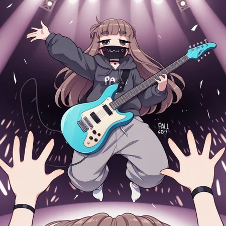Paula,1girl,Brown hair,mask with :3 symbol,choker,bangs, hoodie,baggy gray pants,white socks,Long hair
Paula bravely plays the electric guitar while jumping in the air. POV, bottom view, concert, concertgoers celebrating.