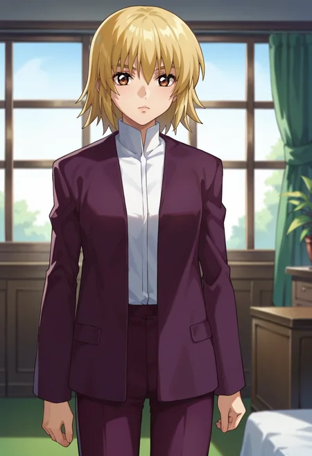 score_9,score_8_up,score_7_up,score_6_up,score_5_up,score_4_up,anime coloring,source_anime,<lora:Cagalli_Yula_Athha_Gundam_SEED_Pony:0.8>,cagalli,1girl,solo,brown eyes,blonde hair,medium hair,white shirt,purple jacket,purple pants,standing,indoors,looking_at_viewer,