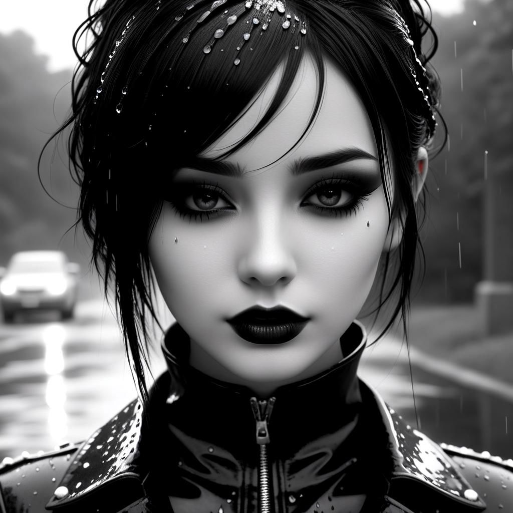 emo gothgirl with rain on her face black and white, melting dark make-up, in the style of daz3d, darkly romantic realism, flickr, serene faces, close up, i can't believe how beautiful this is