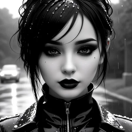 emo gothgirl with rain on her face black and white, melting dark make-up, in the style of daz3d, darkly romantic realism, flickr, serene faces, close up, i can't believe how beautiful this is