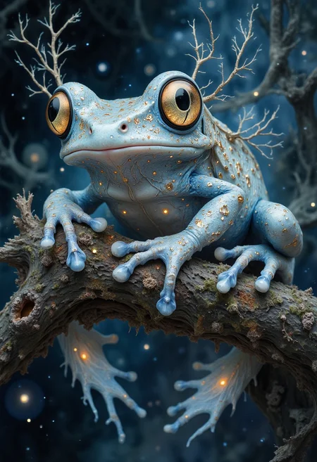 Highly detailed, masterpiece, best quality, This is a digital artwork featuring a stylized, surreal depiction of a An incredibly beautiful Amazonian treefrog perched on a branch. He has bright golden eyes and a celestial pattern all over his body. The frog has with skin that is a mix of pale sky blue and beige. The color of his skin is almost like a stormy sky at sunset, with astrological constellations mapped out in gold and small stars on a few of the constellation intersections. There are topographical lines which appear very delicately in the pattern on his skin underneath the constellations. Photo realism. Extreme detail. Wildlife photography., an epic scene, cinematic lighting, hyper-realistic, and very detailed. High-resolution photography , cinematic, beautiful, winter, vivid, masterpiece, 32k, ultra HD, ultra detailed, stunning quality, amazing artist, sharp edges, detailed textures, full view, atmospheric lighting, stunning visuals.
