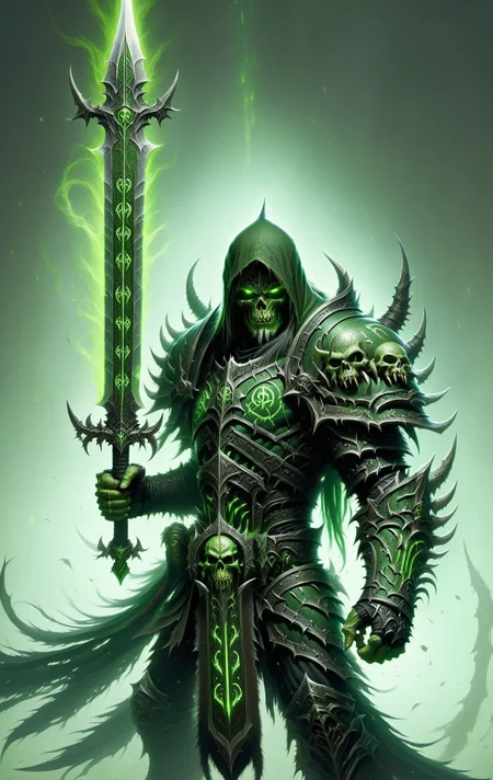 human, death knight, DonMD34thKn1gh7XL wielding runeblade, green glowing runes, dual sword, massive <lora:DonMD34thKn1gh7XL-v1.1-000010:0.8>