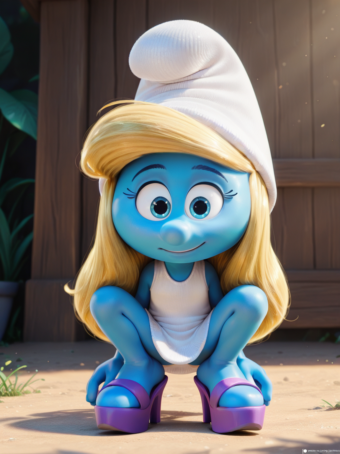 <lora:SmurfetteIL:0.9> sm_tte, 1girl, blue skin, blonde hair, long hair, white hat,
looking at viewer, squatting, front view, spreading legs, platform high heels