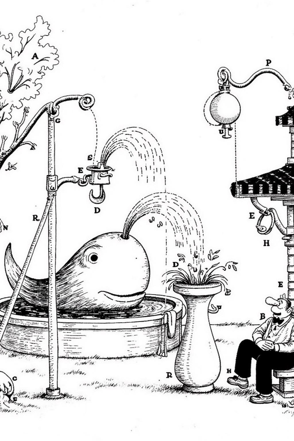 rugo1 illustration.
It depicts a fantastical scene featuring a large whale spraying water into a bowl-shaped pool. A man is sitting on the right.
 <lora:rugo1_cap_d6a3e11:1.0><lora:828770822593246439:0>
