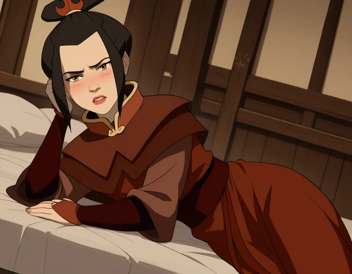 score_9, score_8_up, score_7_up, source_anime, <lora:azula-book2-ponyxl-lora-nochekaiser:1>, azula, black hair, brown eyes, topknot, sidelocks, hair bun, single hair bun, chinese clothes, capelet, sash, long sleeves, elbow gloves, , indoors, bed, bed room, on side, blush, drunk, looking at viewer, solo, cowboy shot, dutch angle