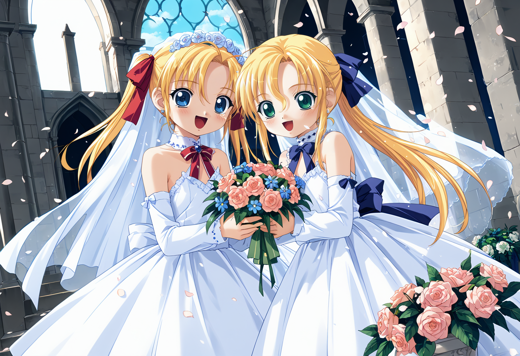 score_9, score_8_up, score_7_up, source_anime,
2girls, 
outdoors, (church, white church, roof, sky, day:1.1), white petals, huge bell, mountainous horizon
ADDBASE
2girls, fifthrina, blue eyes, blonde hair, long hair, twintails, ribbon, hair ribbon, red ribbon,
blush, happy tears, open mouth, looking at viewer,
wedding dress, white dress, frills, bridal veil, bare shoulders, 
holding, flower wrapper, bouquet
ADDCOL
2girls, fifthena, green eyes, blonde hair, long hair, ponytail, sidelocks, ribbon, hair ribbon, blue ribbon,
blush, happy tears, looking at viewer,
wedding dress, white dress, frills, bridal veil, bare shoulders, 
holding, flower wrapper, bouquet
 <lora:FifthTwin_AileStyle_sdxl-pony-v010_XLOUTA:0.9>